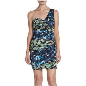 BCBGMaxazria One Shoulder Pleated Bodycon Floral Mini Dress